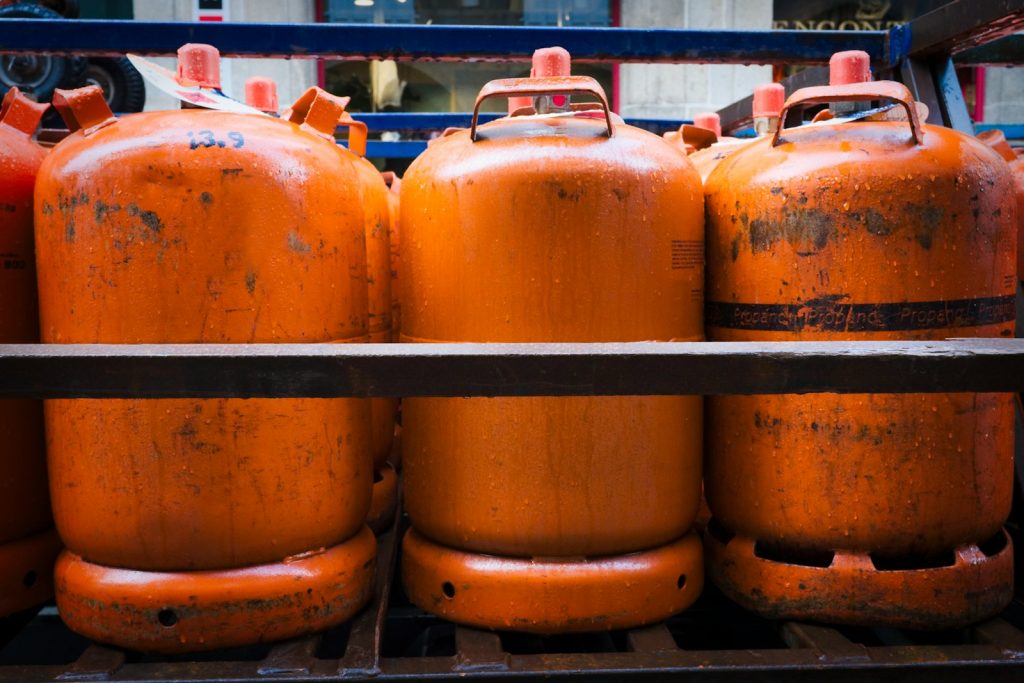 a group of orange barrels